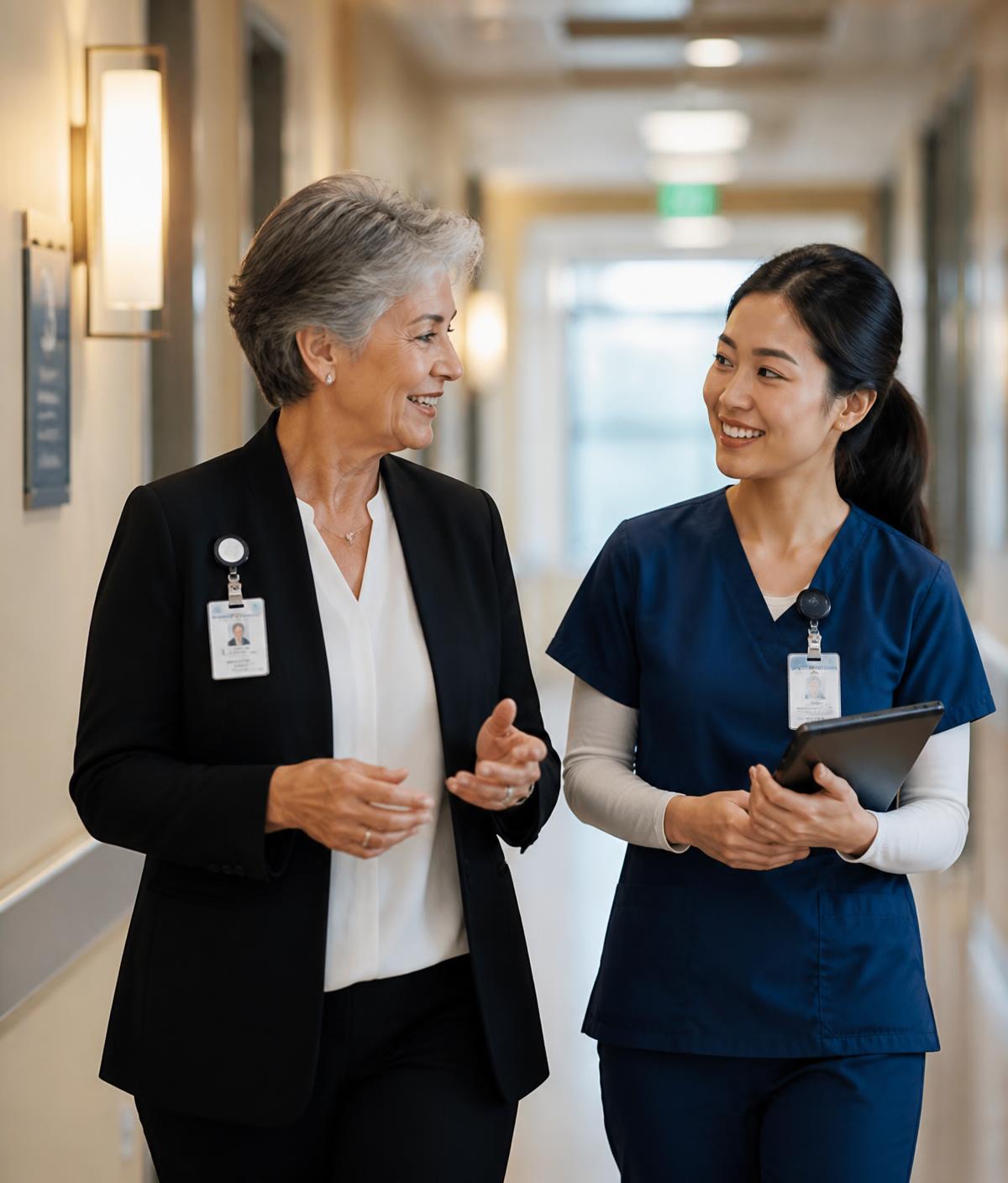 A senior healthcare leader mentoring a colleague in a hospital corridor
